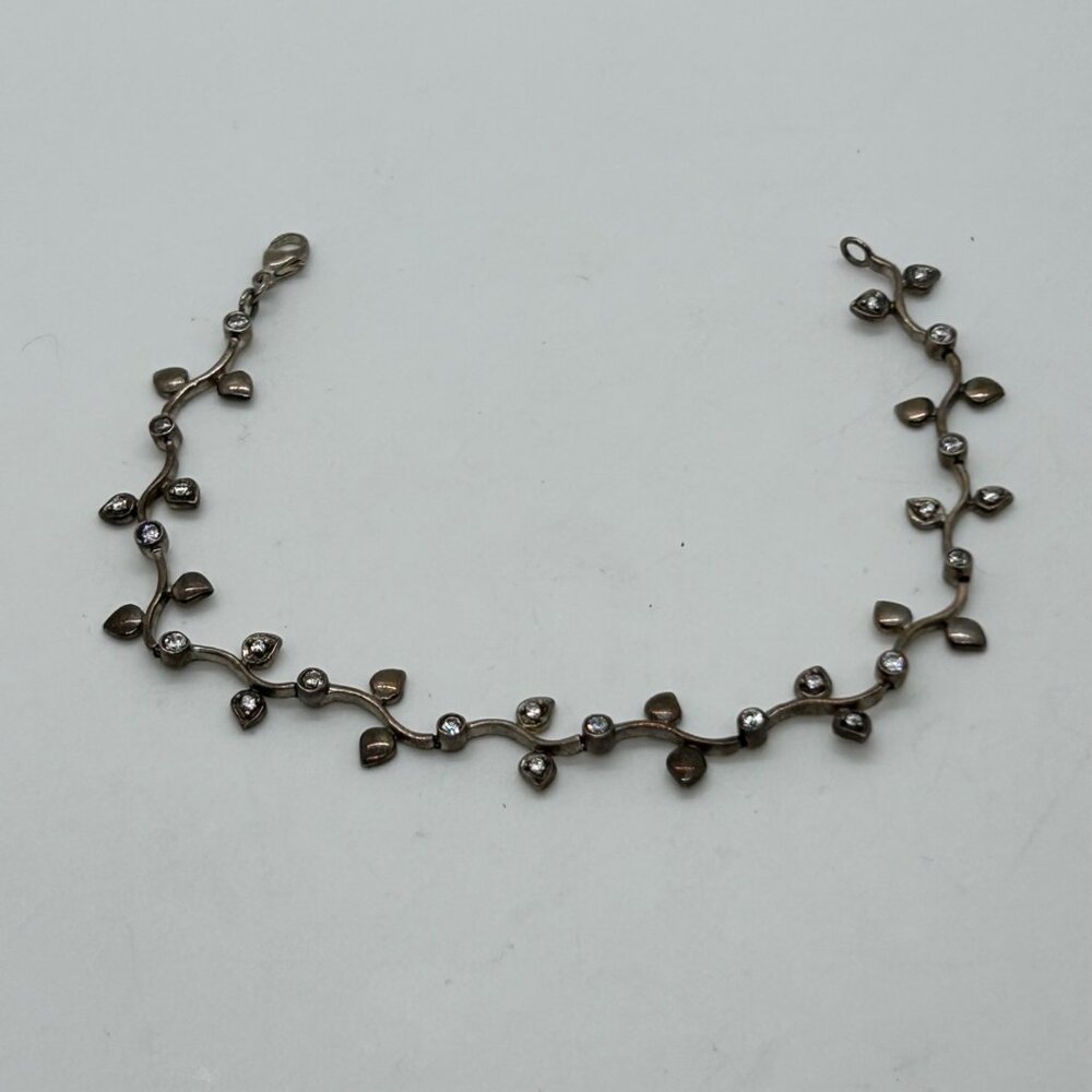 Sterling Silver Vintage Floral S-Link Bracelet 7.81 Grams With Rhinestones 1990s - Picture 2 of 16